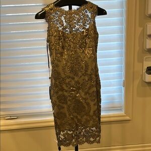 Tadashi Shoji Elegant Gold Sequin Lace Dress